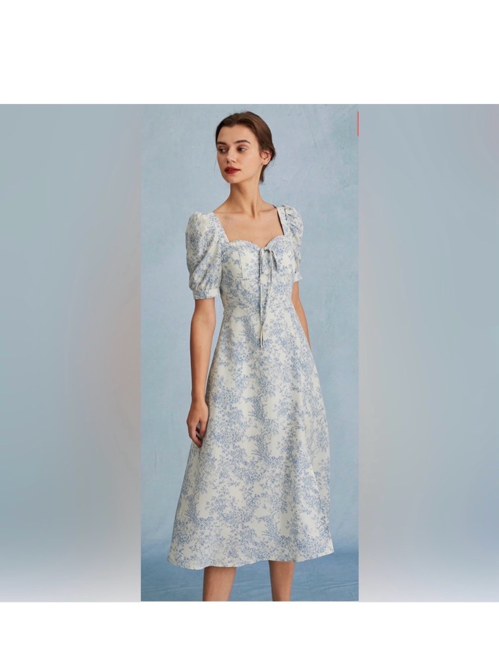 RIHOAS Blue and White Toile Puff-Sleeve Midi Dress